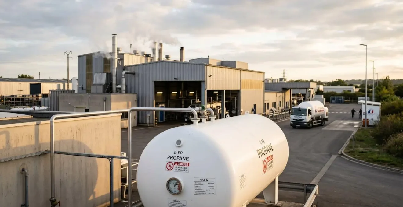 Site industriel français moderne avec cuve de stockage propane aérienne blanche au premier plan, bâtiments de production en arrière-plan et camion de livraison, sous lumière naturelle dorée