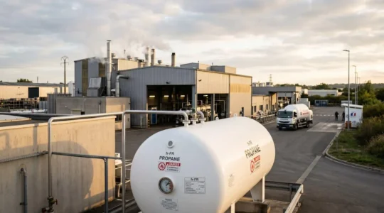 Site industriel français moderne avec cuve de stockage propane aérienne blanche au premier plan, bâtiments de production en arrière-plan et camion de livraison, sous lumière naturelle dorée