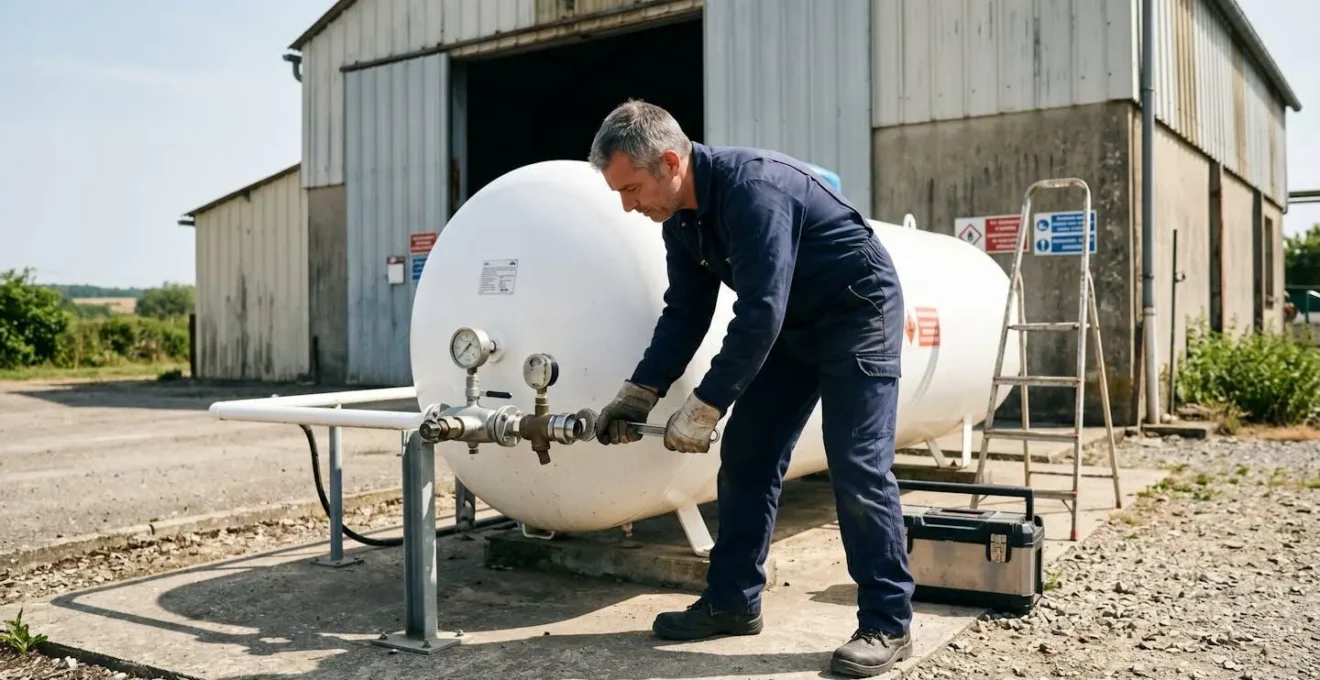 Technicien professionnel effectuant contrôle technique sur installation propane industrielle avec manomètre, cuve blanche en arrière-plan sur site industriel français