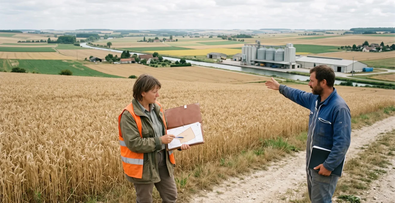 Deux conseillers agricoles examinent un dossier de parcelles en bordure d'un champ de blé, avec au loin une vallée comprenant plusieurs exploitations et des silos.