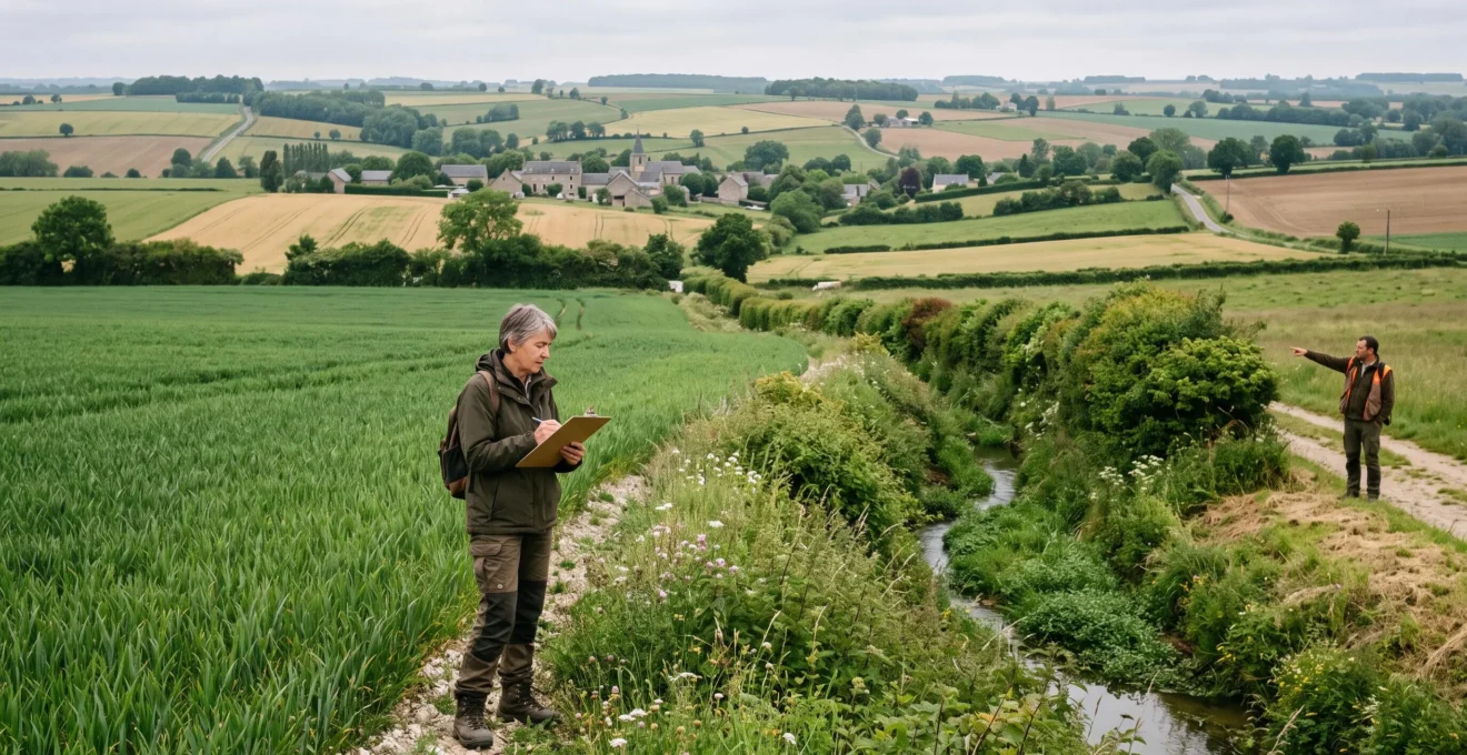Un consultant en agroenvironnement observe un paysage agricole français à la lisière d'une exploitation, avec en arrière-plan un territoire agricole plus vaste bordé de haies.