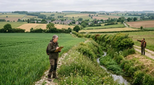 Un consultant en agroenvironnement observe un paysage agricole français à la lisière d'une exploitation, avec en arrière-plan un territoire agricole plus vaste bordé de haies.