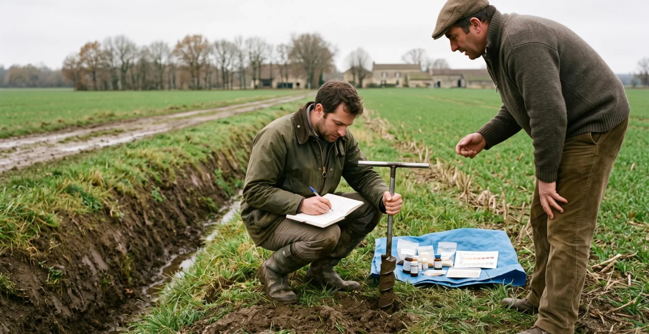 Un expert agroenvironnemental prélève du sol à l'aide d'une tarière au bord d'un fossé, prenant des notes tandis qu'un gestionnaire agricole l'observe.