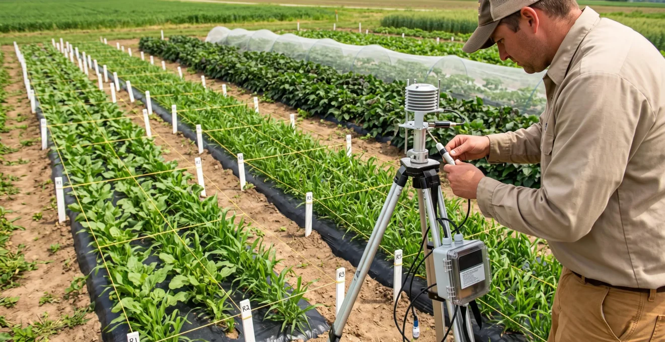 Un technicien ajuste un capteur de mesure installé sur trépied au-dessus d'une parcelle expérimentale agricole divisée en rangées délimitées par des piquets.